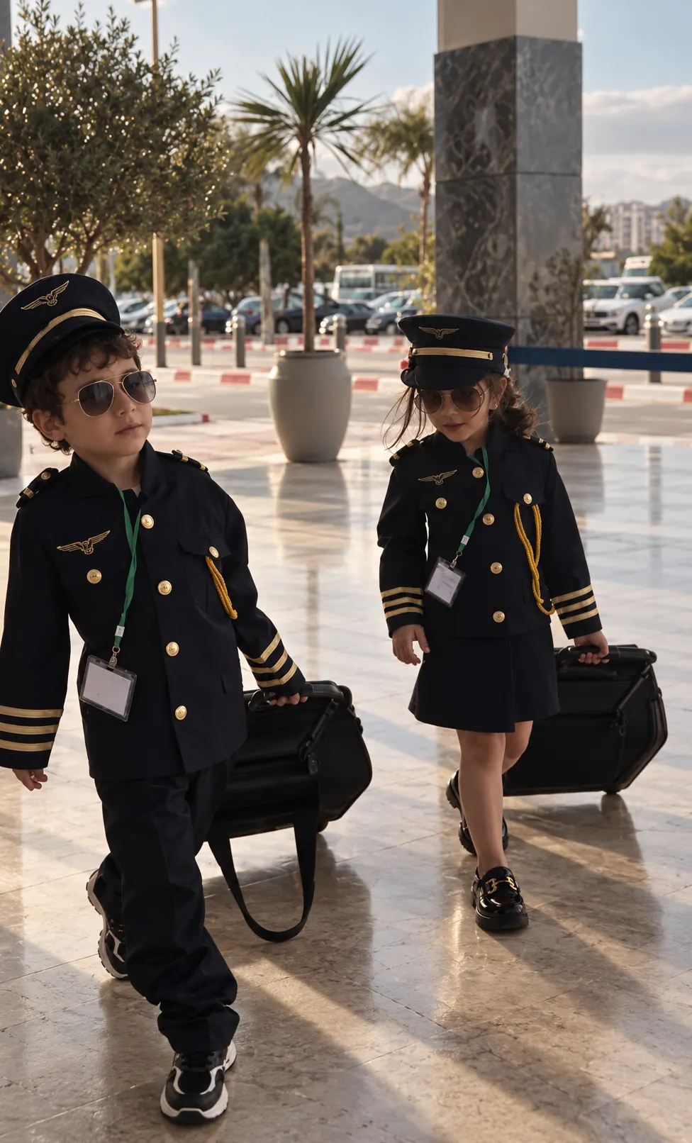 Deux enfants en tenue de pilote marchant avec leurs bagages lors d’une sortie