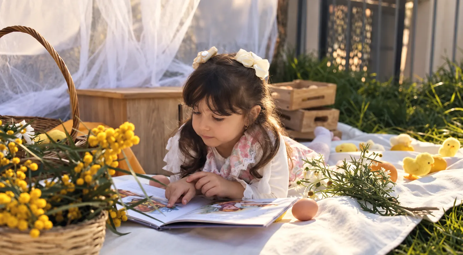 Enfant lisant dans le jardin de l’établissement